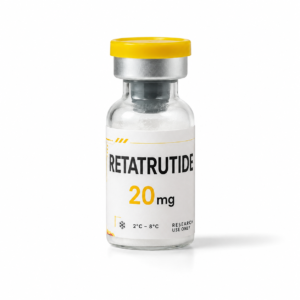 Retatrutida 20 mg liofilizada en vial de vidrio para investigación sobre fondo blanco.