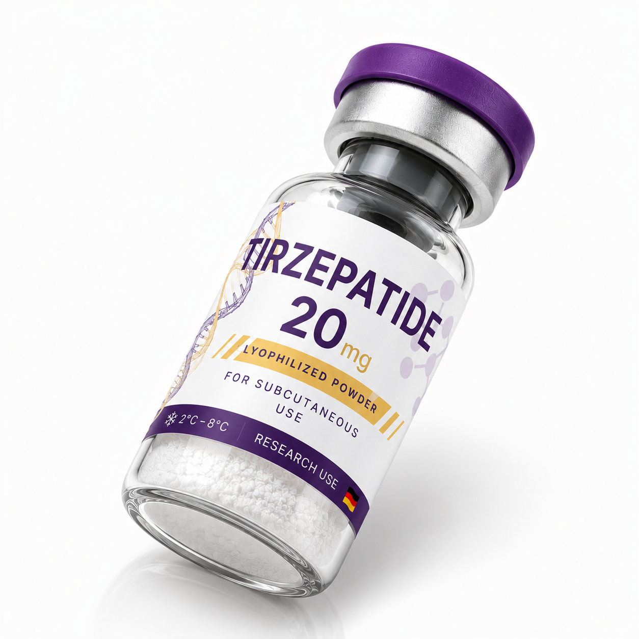 Vial de Tirzepatida 20 mg liofilizada en vista de 45 grados sobre fondo blanco.