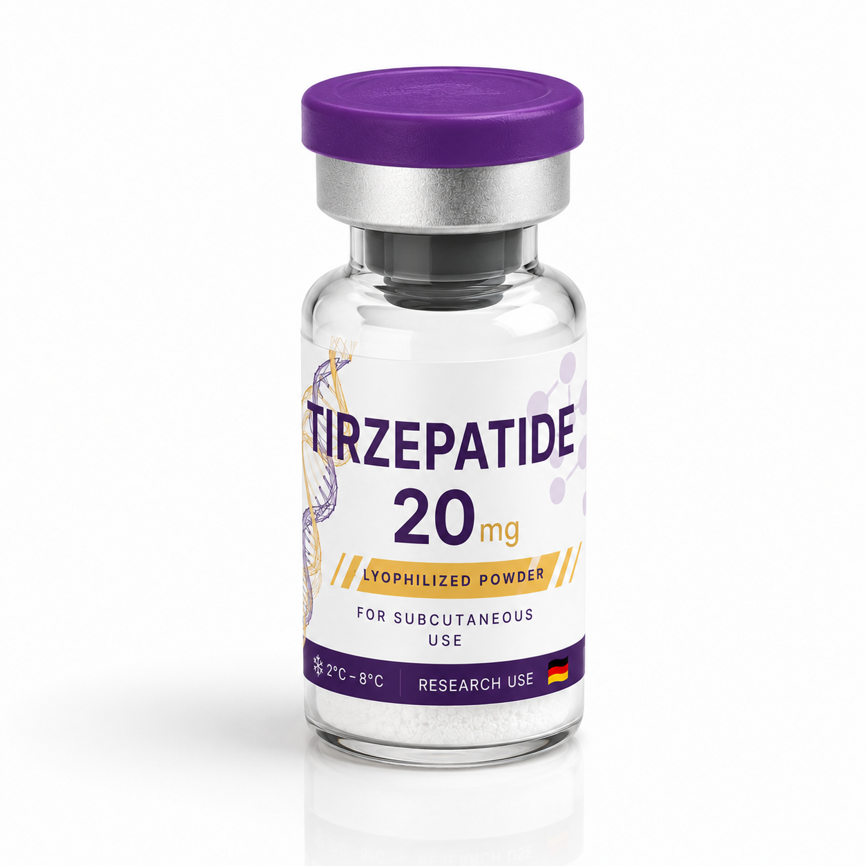 Fotografía de estudio del vial de Tirzepatida 20 mg liofilizada con polvo visible en el interior.