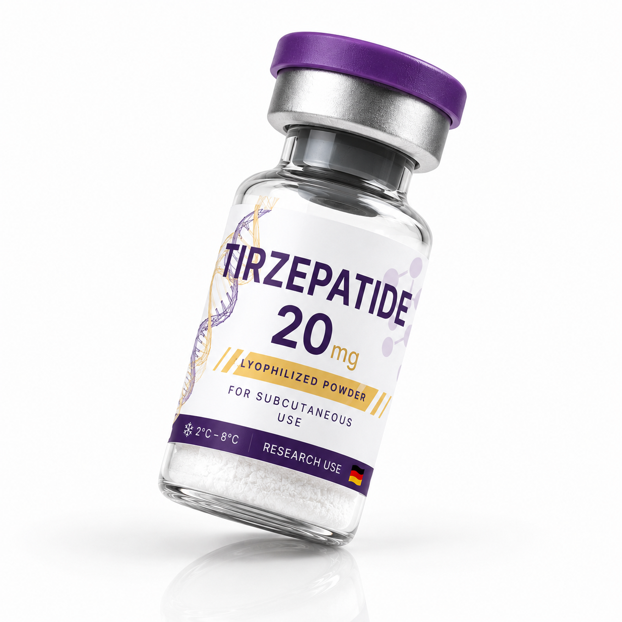 Detalle del vial de Tirzepatida 20 mg liofilizada con etiqueta y polvo visible en el interior.