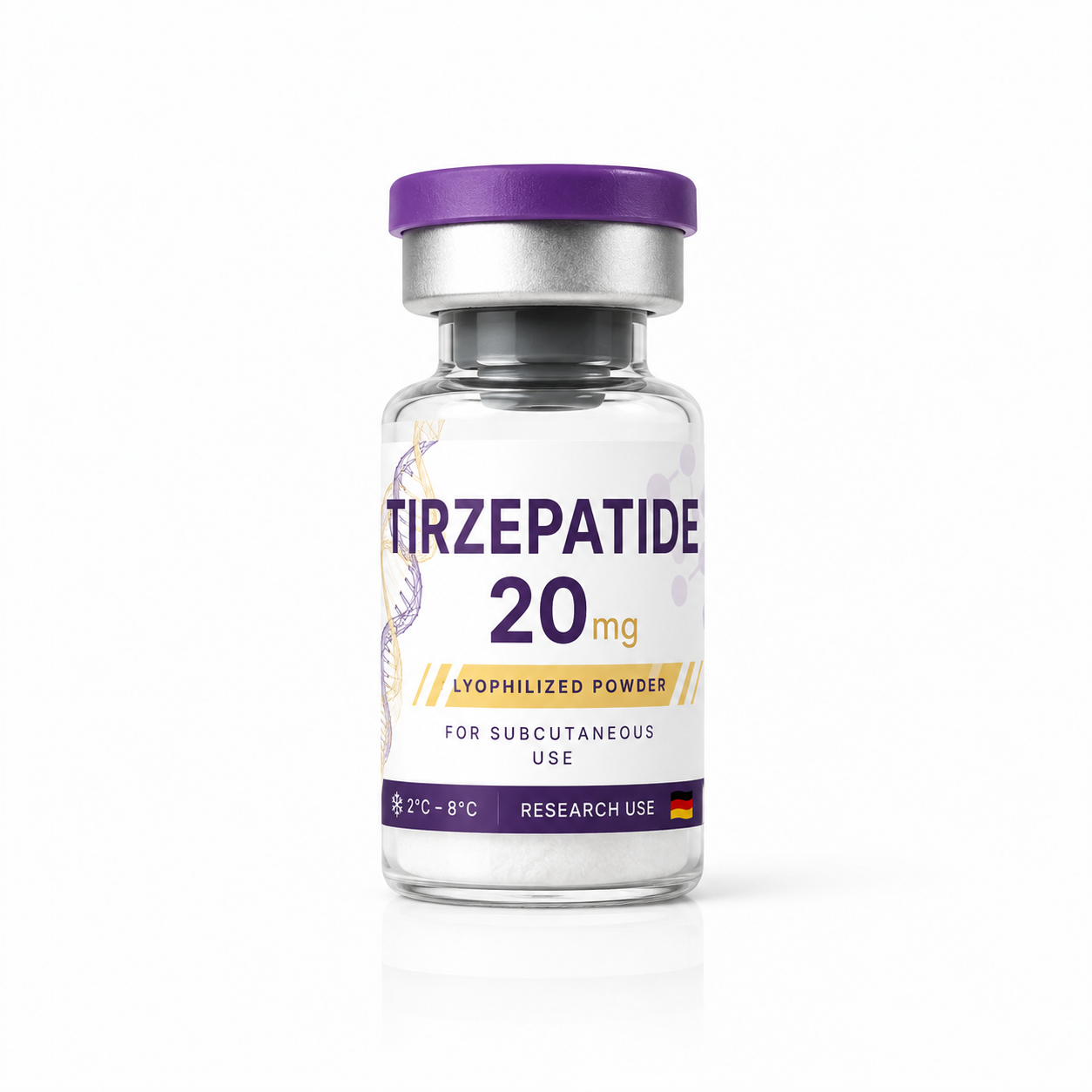 Tirzepatida 20 mg liofilizada en vial de vidrio sobre fondo blanco.