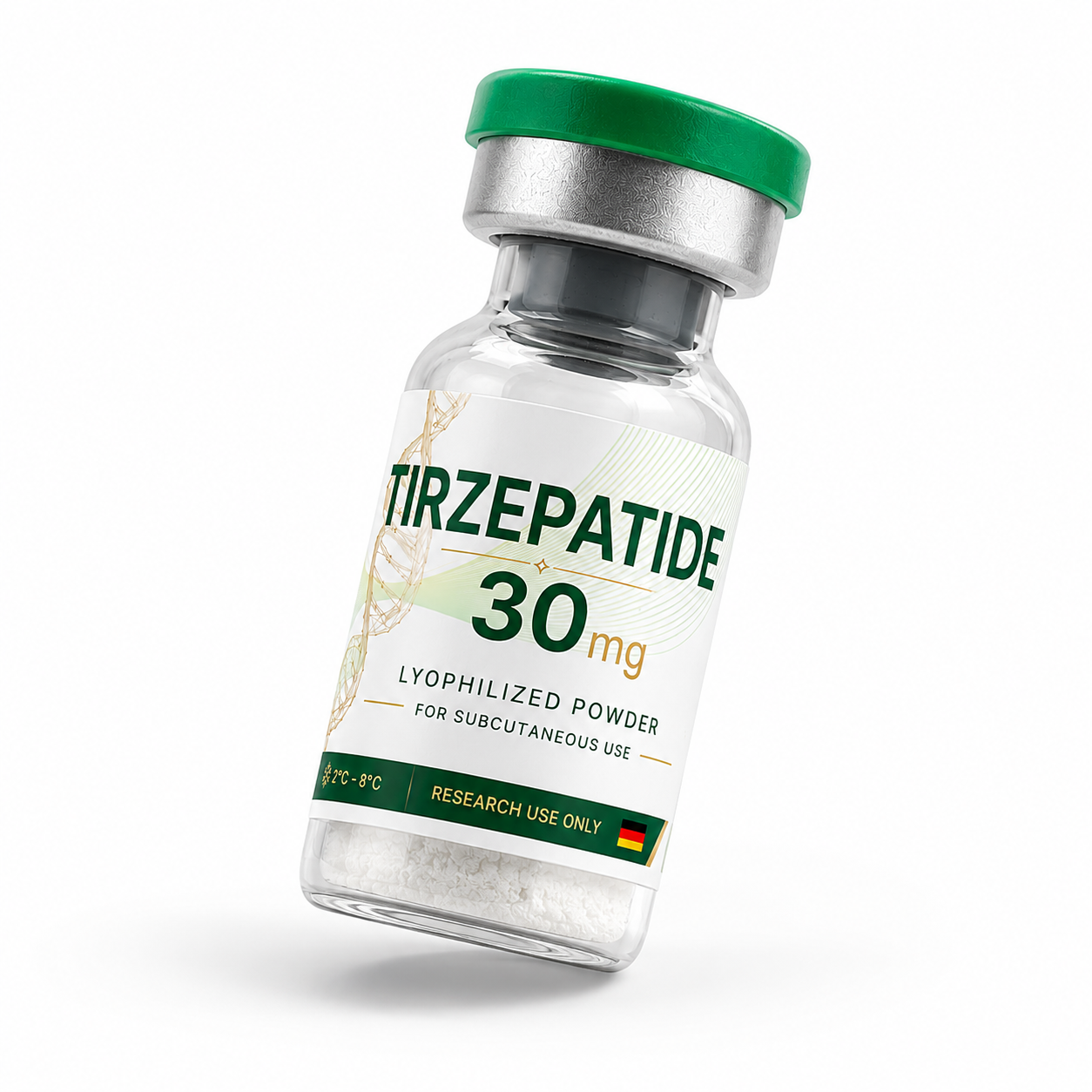Vial de Tirzepatida 30 mg liofilizada en vista de 45 grados sobre fondo blanco.