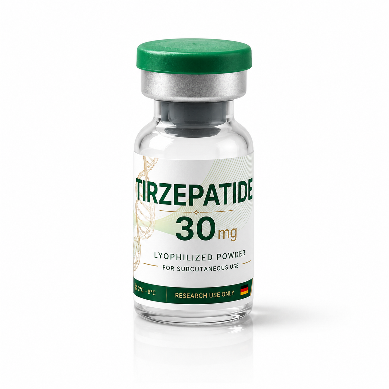 Fotografía de estudio del vial de Tirzepatida 30 mg liofilizada con polvo visible en el interior.