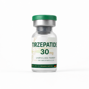 Tirzepatida 30 mg liofilizada en vial de vidrio sobre fondo blanco.