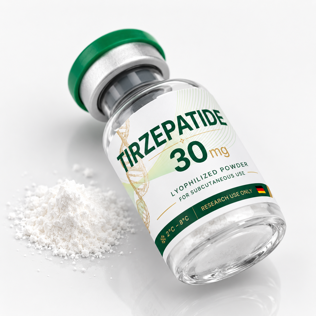 Detalle del vial de Tirzepatida 30 mg liofilizada con etiqueta y polvo visible en el interior.